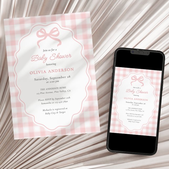 Preppy Doodle Frame Pink Gingham & Bow Baby Shower Invitation (Creator Uploaded)