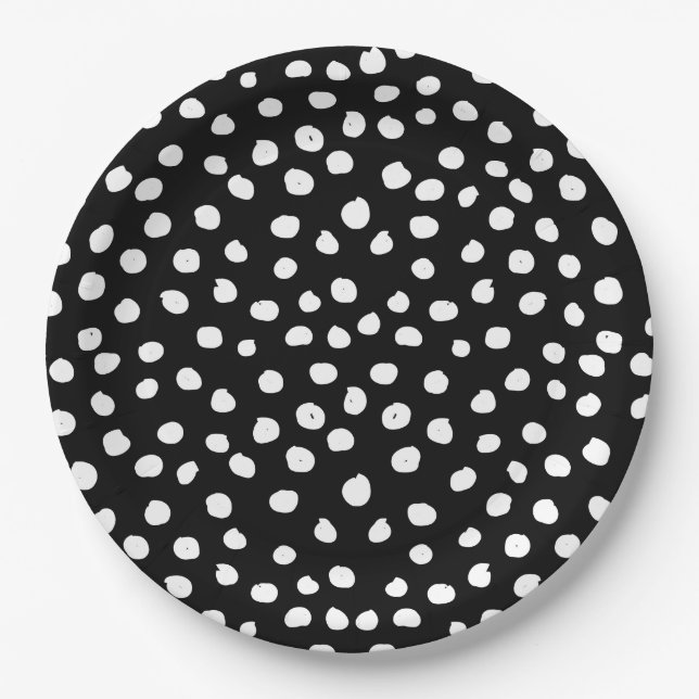Preppy Dots Modern Black White Animal Print Spots Paper Plate (Front)