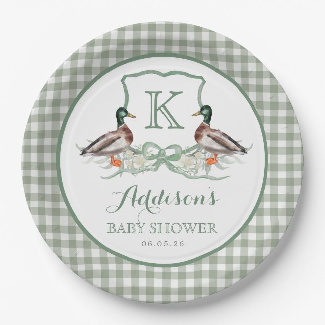 Preppy Duck Gingham Crest Baby Shower Invitation Paper Plate (Front)