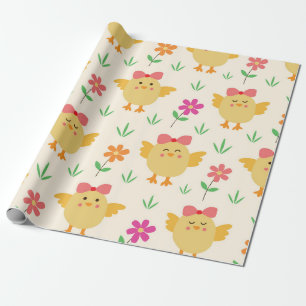 Preppy Easter Baby Chicks with Bows and Flowers Wrapping Paper