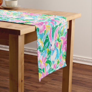 Preppy Easter Bunny Pink Yellow Floral Blue Short Table Runner