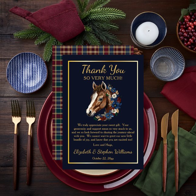 Preppy Equestrian Foal Floral Flat Thank You Card (Charming Classic Preppy Equestrian Foal and Floral Wreath | Plaid Boy Baby Shower Thank You Card)