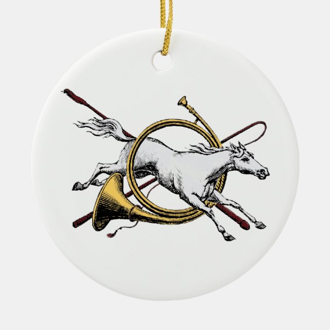 Preppy Equestrian Horse Jumping Through Horn Colou Ceramic Ornament (Front)