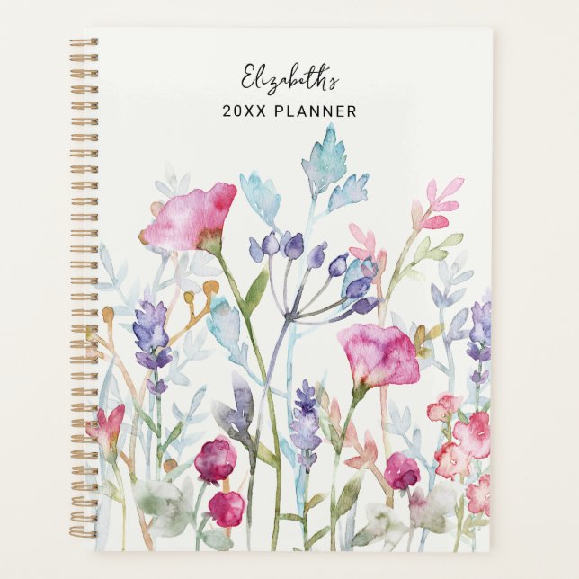 Preppy Esthetic Watercolor Floral Custom Name Planner (Front)