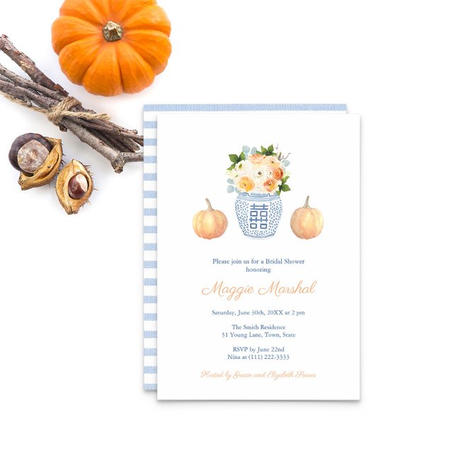 Preppy Fall Flowers Ginger Jar Pumpkin Baby Shower Invitation (Bridal Shower Invitation With Fall flowers in ginger jar, pumpkins and pale blue stripes on reverse)