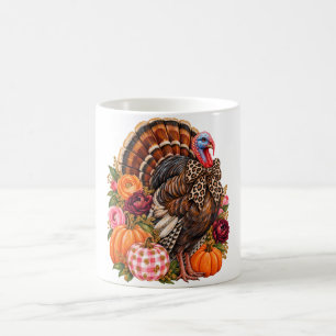 Preppy Fall Turkey Floral Pumpkins Leopard Bow Tha Coffee Mug
