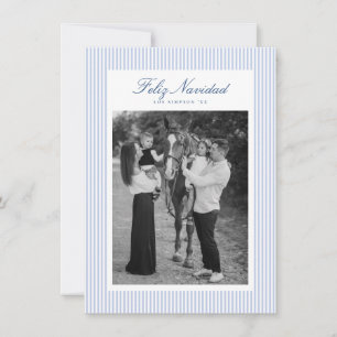 Preppy Feliz Navidad Blue Stripe Christmas Photo Holiday Card