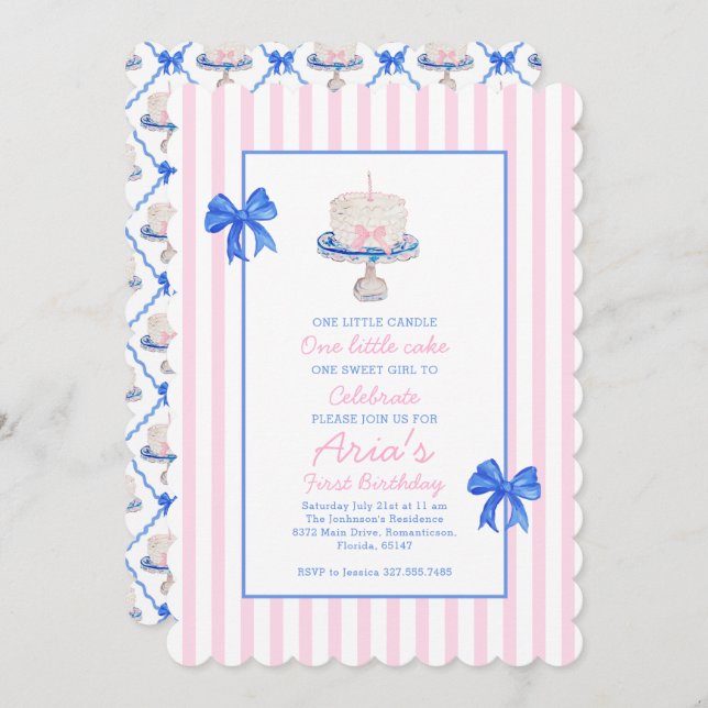 Preppy First Birthday Chinoiserie Ruffle Cake Bows Invitation (Front/Back)