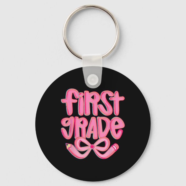 Preppy First Grade Back To School Coquette Bow Tea Key Ring (Front)