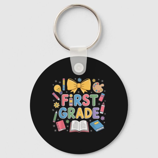 Preppy First Grade Back To School Coquette Bow Tea Key Ring (Front)