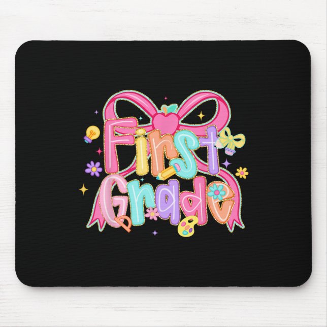 Preppy First Grade Back To School Coquette Bow Tea Mouse Pad (Front)