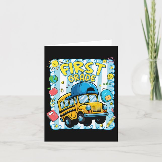 Preppy First Grade Back To School Funny School Bus Card (Front)