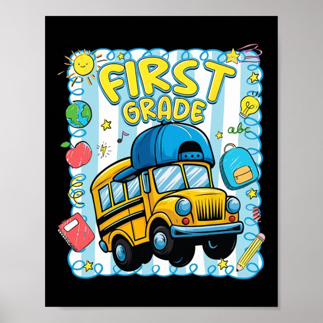 Preppy First Grade Back To School Funny School Bus Poster (Front)