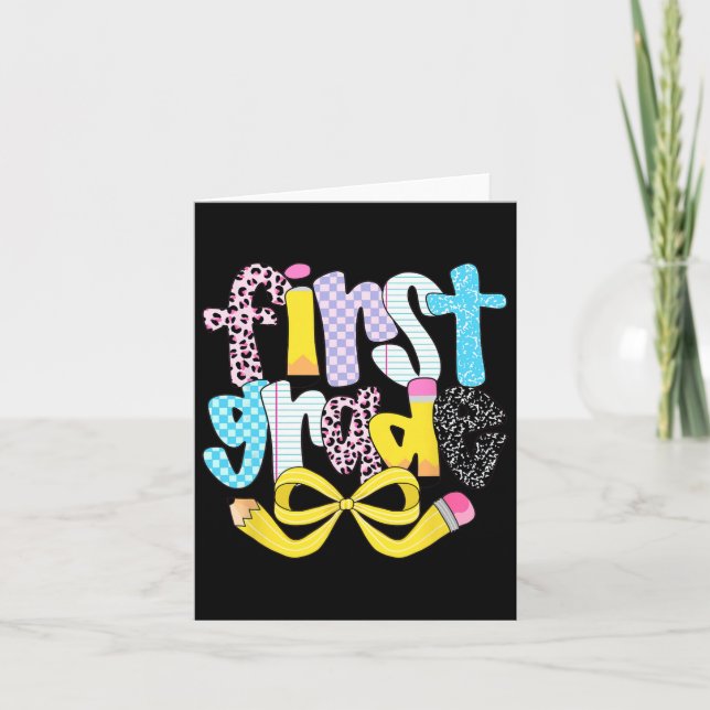 Preppy First Grade Retro Chequered Teacher Back To Card (Front)