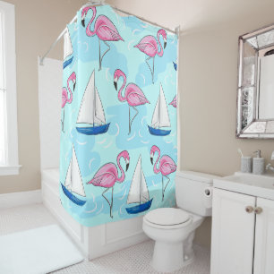 Preppy Flamingo Blue Sailboat Coastal Shower Curtain