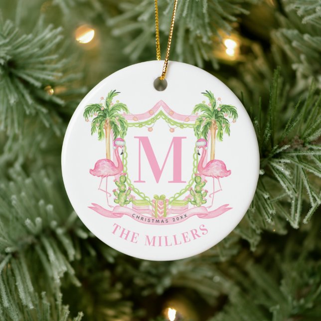 Preppy Flamingo Christmas Crest Ceramic Ornament (Tree)