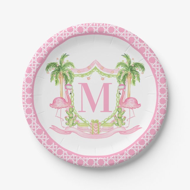 Preppy Flamingo Christmas Crest Paper Plate (Front)