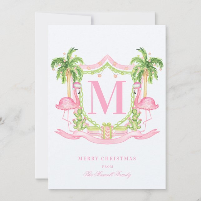 Preppy Flamingo Christmas Crest Photo Holiday Card (Front)