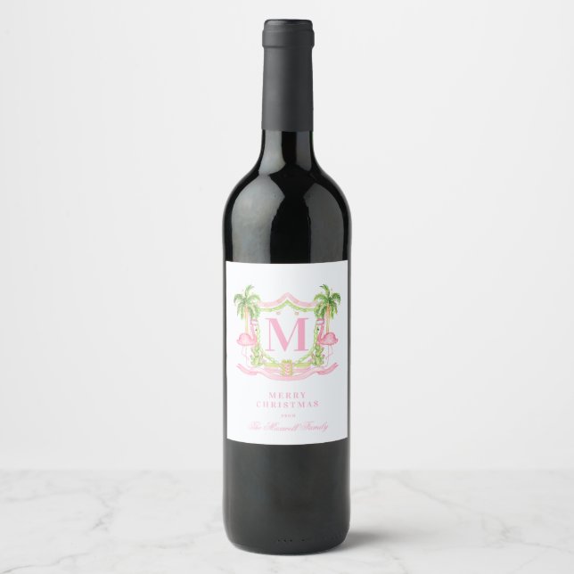 Preppy Flamingo Christmas Crest  Wine Label (Front)