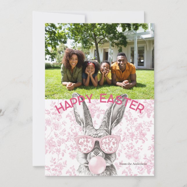 Preppy Floral Bubblegum Bunny Custom Photo Easter Holiday Card (Front)