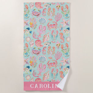 Preppy Floral Ocean Sealife Beach Towel
