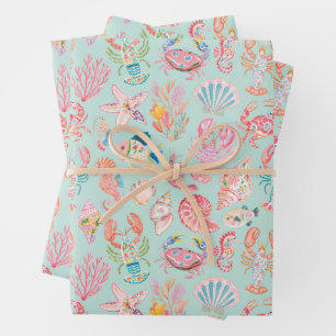 Preppy Floral Ocean Sealife Wrapping Paper Sheet