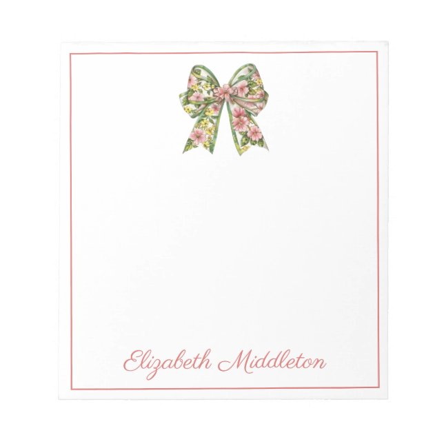 Preppy Floral Pink and Green Bow Personalised Notepad (Front)
