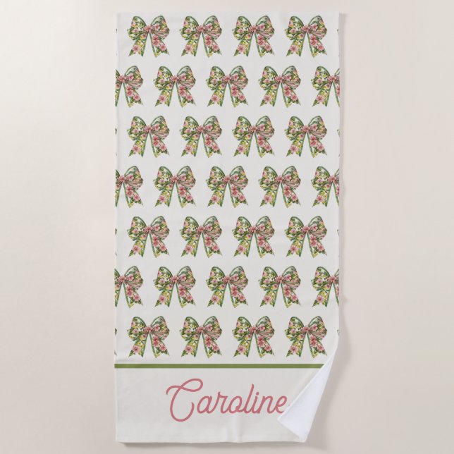 Preppy Floral Pink and Green Bow Personalized Beach Towel (Front)