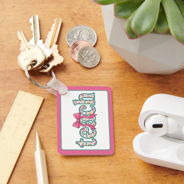 Preppy Floral Teach with Pink Bow Key Ring (Desk)