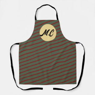 Preppy Forest Green & Burgundy Stripes Monogram Apron