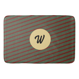 Preppy Forest Green & Burgundy Stripes Monogram Bath Mat