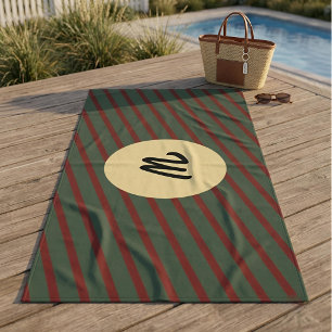 Preppy Forest Green & Burgundy Stripes Monogram Beach Towel