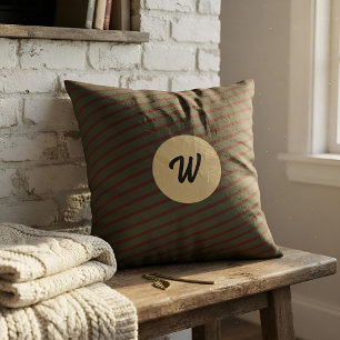 Preppy Forest Green & Burgundy Stripes Monogram Cushion