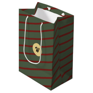 Preppy Forest Green & Burgundy Stripes Monogram Medium Gift Bag
