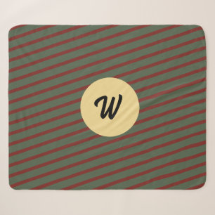 Preppy Forest Green & Burgundy Stripes Monogram Sherpa Blanket