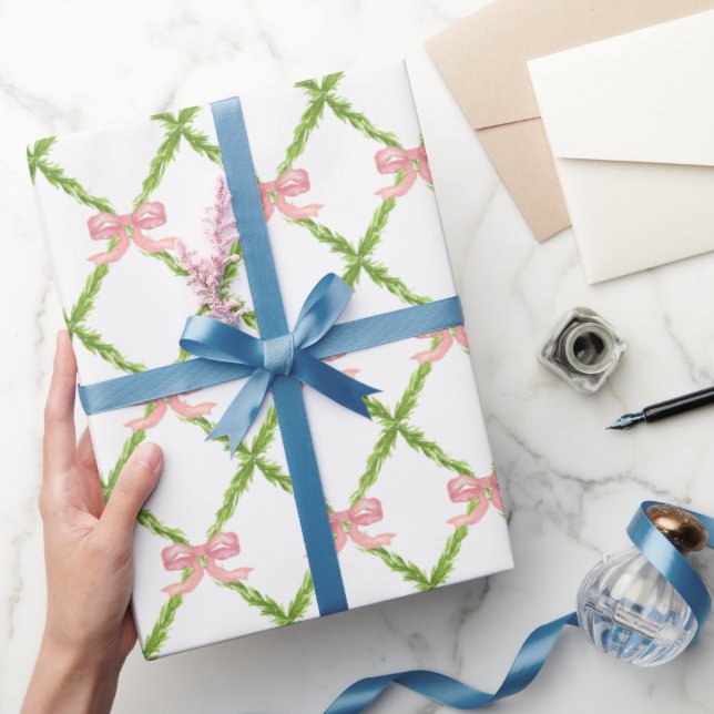 Preppy Garden Trellis with Pink Bows Wrapping Paper (Gifting)