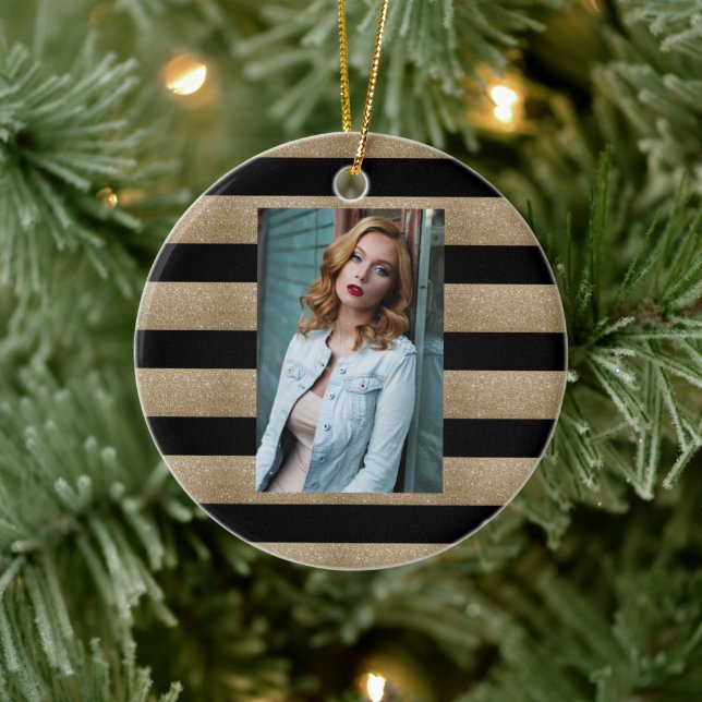 preppy geometric pattern black and gold stripes ceramic ornament (Tree)