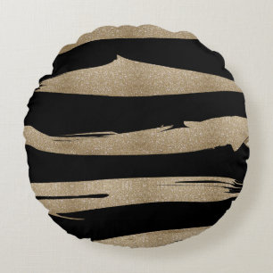 preppy geometric pattern black and gold stripes round cushion