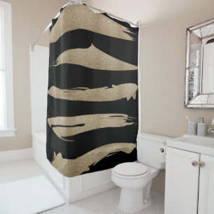 preppy geometric pattern black and gold stripes shower curtain