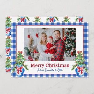 Preppy Ginger Jar Christmas Tree Navy Gingham Holiday Card