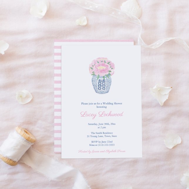 Preppy Ginger Jar Pink Peonies Girl Baby Shower Invitation (Pretty Invitation Featuring A Ginger Jar Vase Filled With Pink Peonies & A Pink White Stripe Backer)
