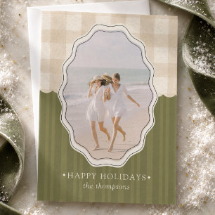 Preppy Gingham and Stripe Happy Holidays Photo Holiday Card
