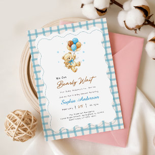 Preppy Gingham Bow Teddy Bear Baby Shower Invitation