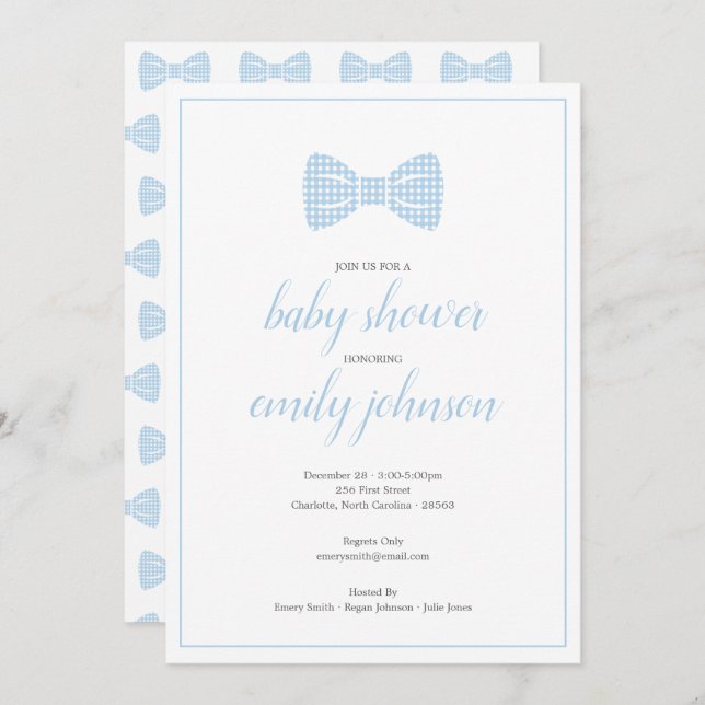 Preppy Gingham Bow Tie Baby Boy Shower Invitation (Front/Back)