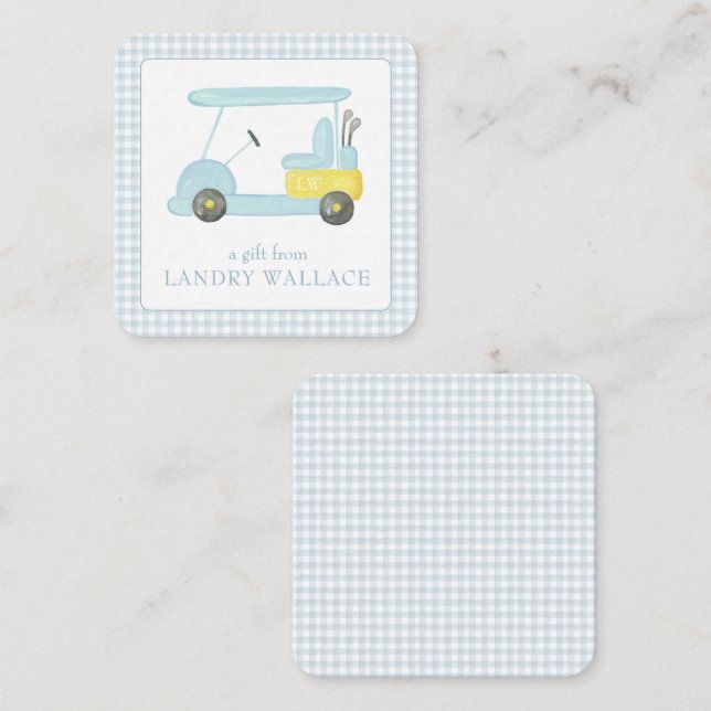 Preppy Gingham Watercolor Blue Monogram Golf Cart Card (Front/Back)