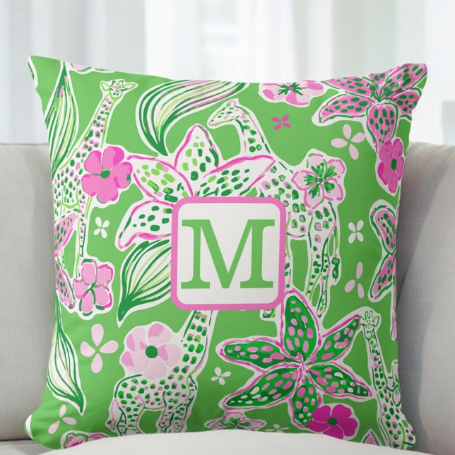 Preppy Giraffes Lily Pink Green Monogram Cushion (Creator Uploaded)