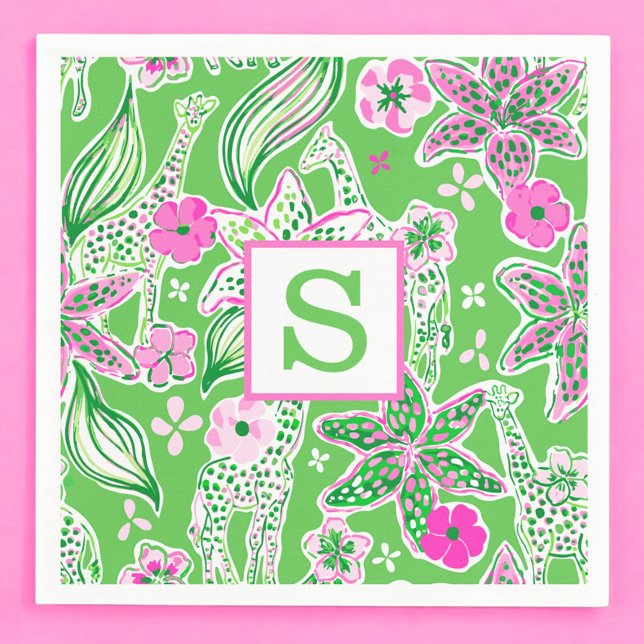 Preppy Giraffes Lily Pink Green Monogram Napkin (Creator Uploaded)