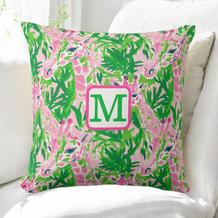 Preppy Giraffes Pink Green Tropical Monogram Cushion