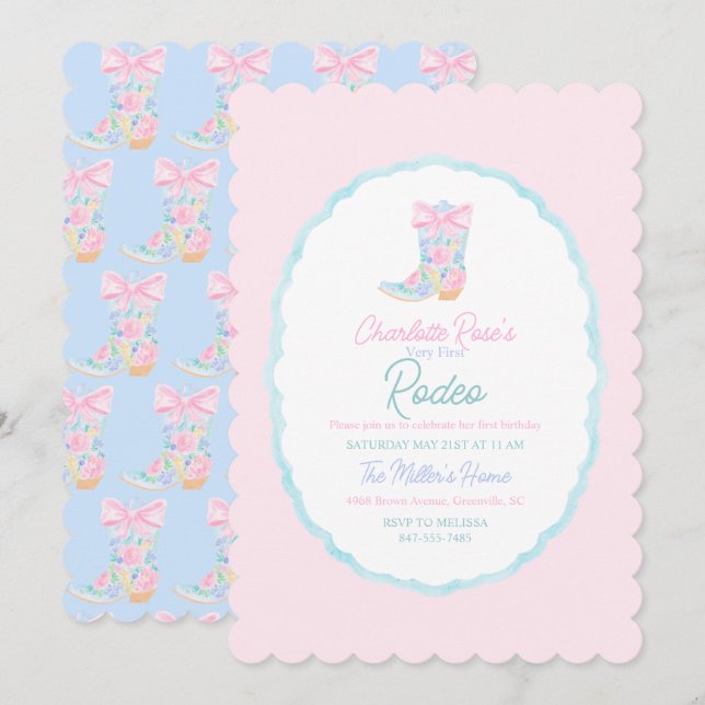 Preppy Girls Cowgirl First Rodeo Birthday Invitation (Front/Back)