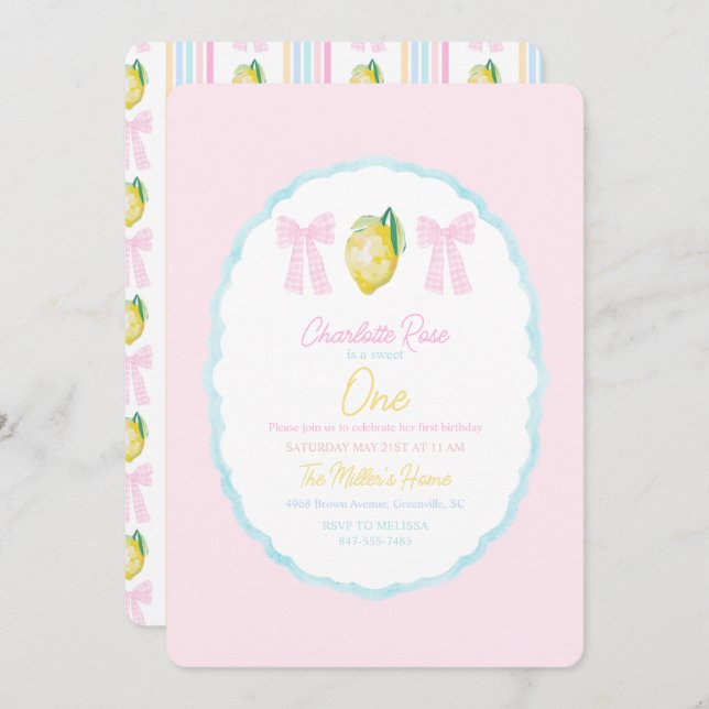 Preppy Girls Summer Lemon First Birthday Invitation (Front/Back)